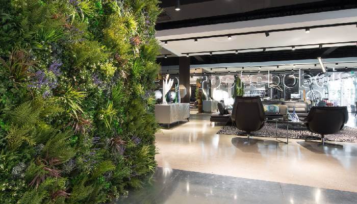 Conference area with an artificial plant accent wall