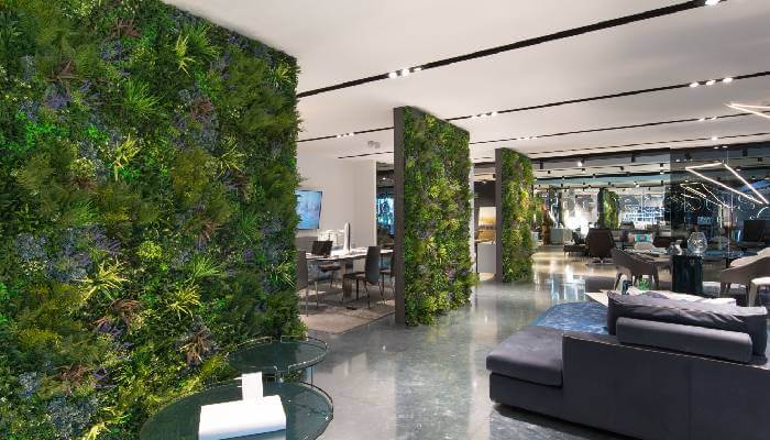 Commercial lobby decorated with artificial plant walls